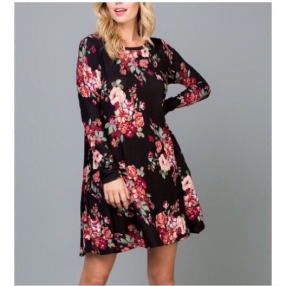 Black Long Sleeve Oversized Floral Patter A-Line Dress EMR Pocket Dress - Picture 9 of 9